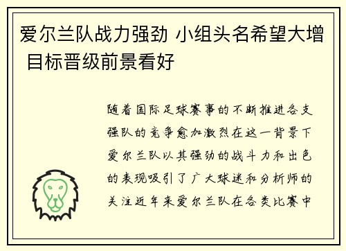 爱尔兰队战力强劲 小组头名希望大增 目标晋级前景看好
