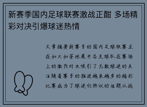 新赛季国内足球联赛激战正酣 多场精彩对决引爆球迷热情