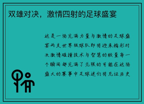 双雄对决,激情四射的足球盛宴