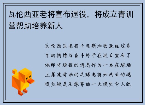 瓦伦西亚老将宣布退役,将成立青训营帮助培养新人