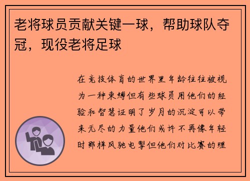 老将球员贡献关键一球,帮助球队夺冠,现役老将足球
