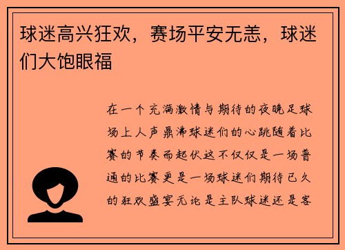 球迷高兴狂欢,赛场平安无恙,球迷们大饱眼福