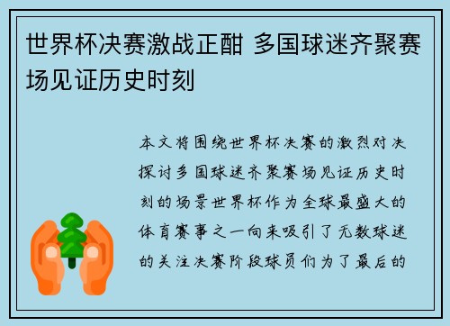 世界杯决赛激战正酣 多国球迷齐聚赛场见证历史时刻