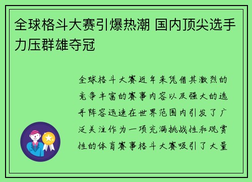 全球格斗大赛引爆热潮 国内顶尖选手力压群雄夺冠